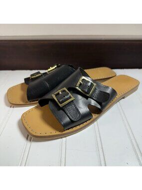 Urban Outfitters 8 Rebecca Sandals Black Flat Gold Tone Buckle Slide Mule Boho